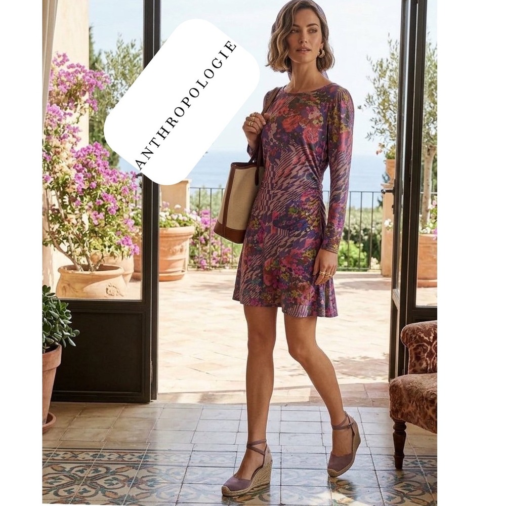 Anthropologie Daily Practice Floral Geometric Ruched Mini Dress Purple L NEW